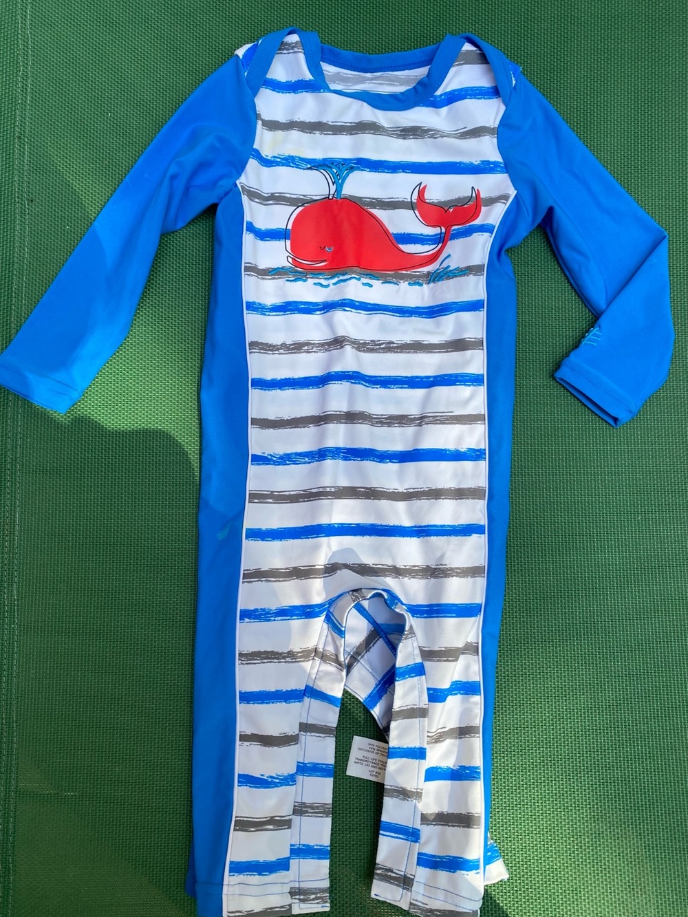 Coolibar Blue and Red Whale Stripe Kids Rash Guard Swimsuit